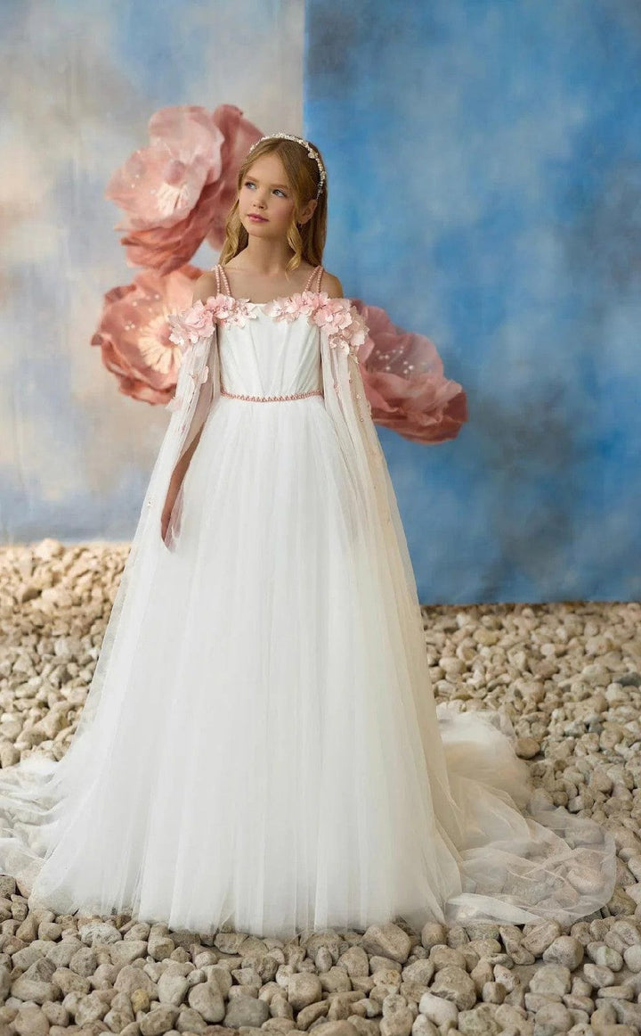 3m / Picture Color Sunnypetal Elegant Off-Shoulder 3D Flowers Long Princess Tulle Flower Girl Dresses