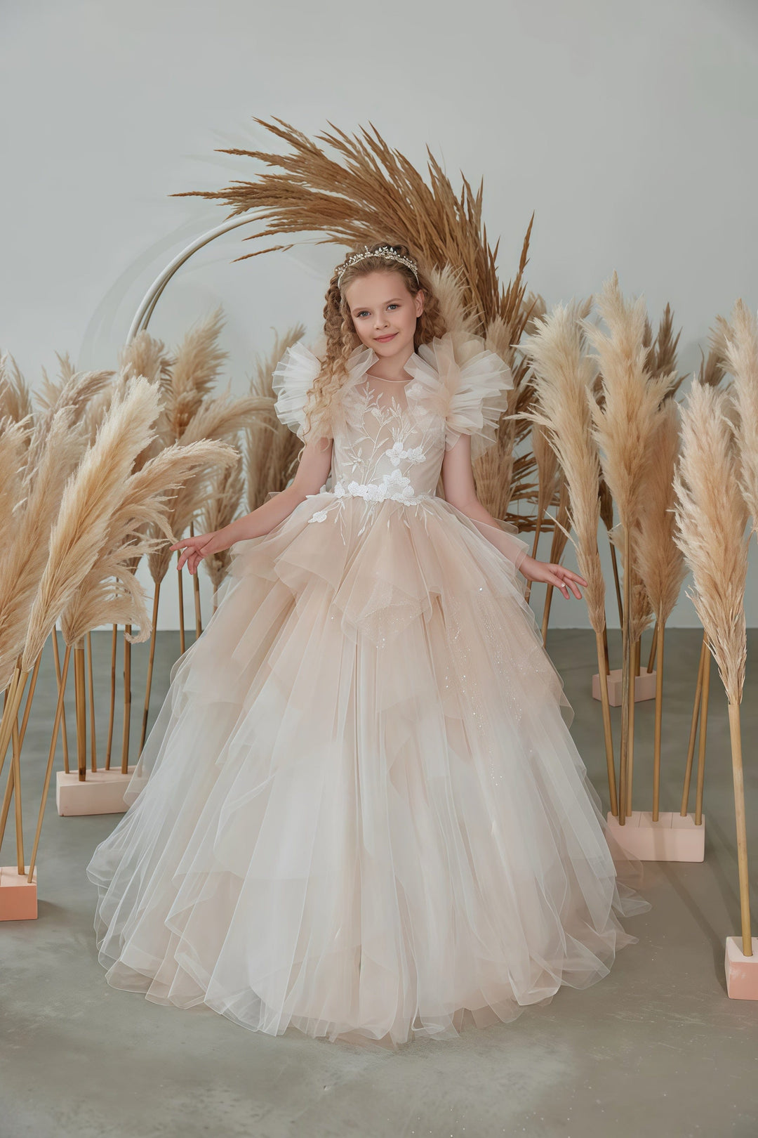 3m / Picture Color Sunnypetal Elegant Puffy Sleeves Flower Girl Dress Layered Tulle Fairy Princess Pageant Gown