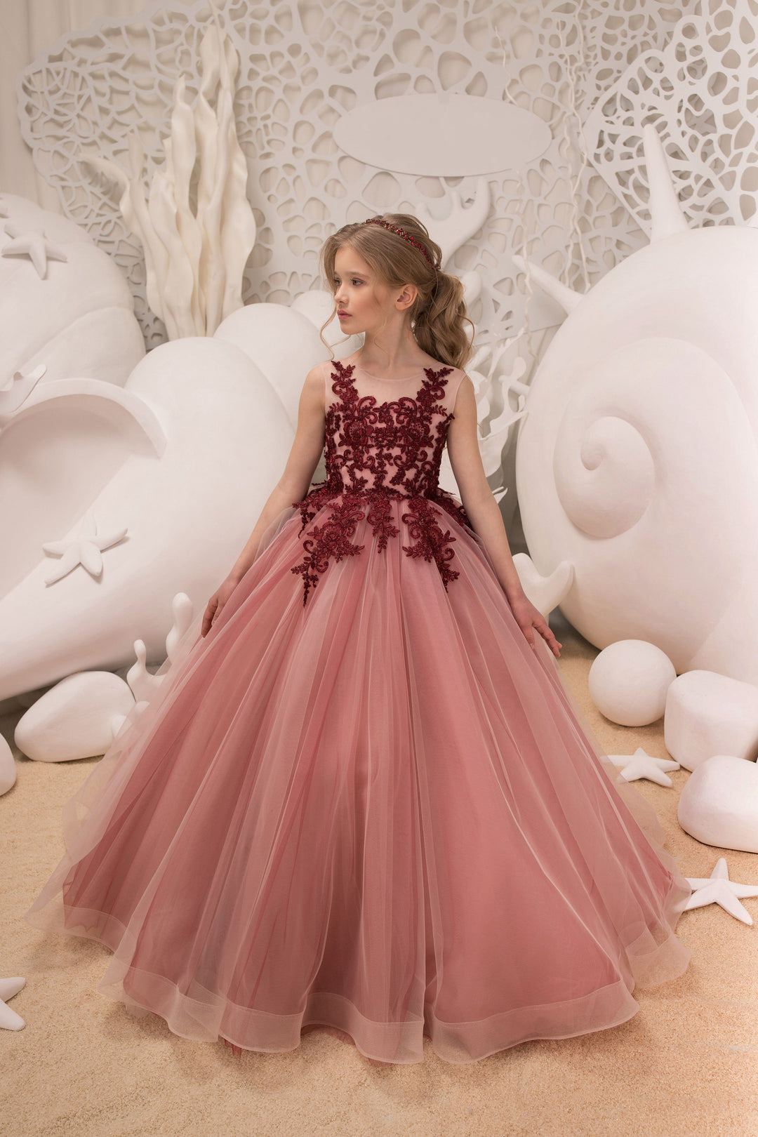 3m / Picture Color Sunnypetal Embroidery Floral Appliques Floor-Length Tulle Flower Girl Dresses
