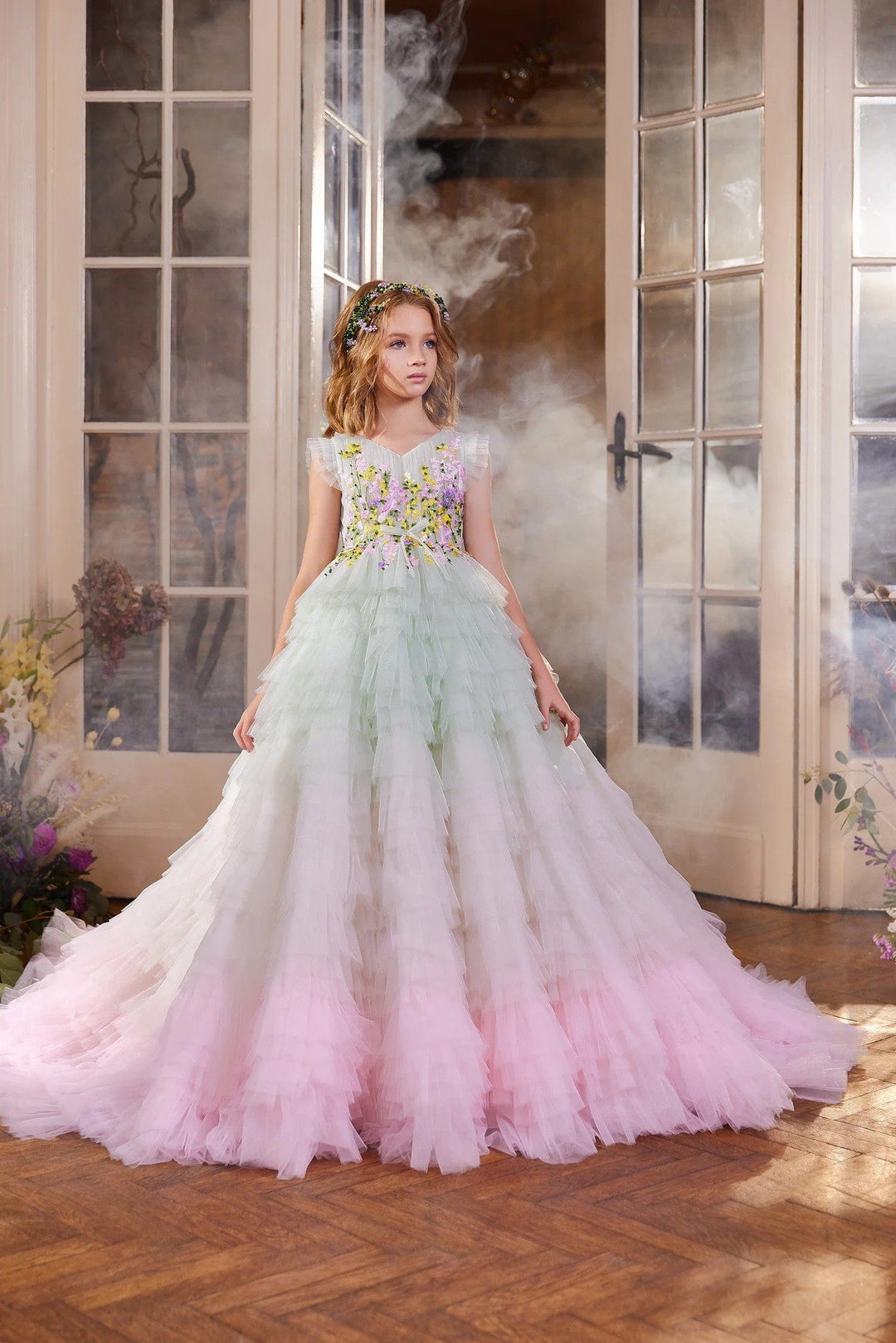 3m / Picture Color Sunnypetal Enchanted Blossom Floral Embroidery Ruffle Tulle Flower Girl Gown