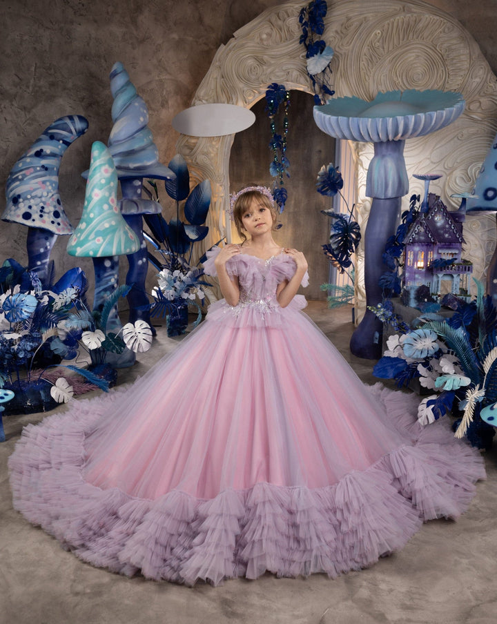 3m / Picture Color Sunnypetal Enchanting Off-Shoulder Puff Sleeves Ruffled Tulle Ball-Gown Flower Girl Dress