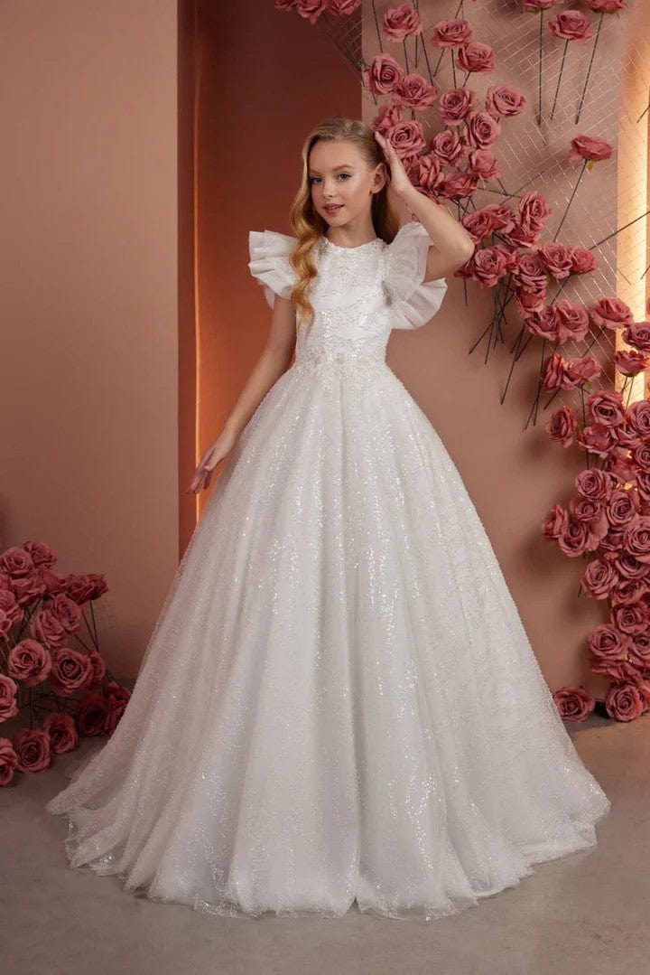 3m / Picture Color Sunnypetal Exquisite Long Princess Glitter Tulle Flare Sleeves Flower Girl Dresses
