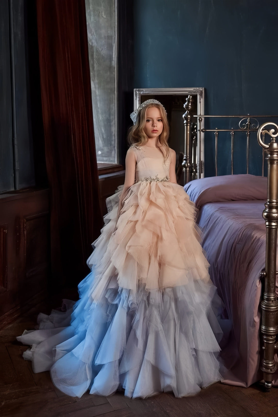 3m / Picture Color Sunnypetal Exquisite Ombre Ruffle Tulle Ball Gown with Jewel Accents