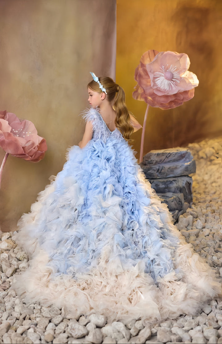 3m / Picture Color Sunnypetal Feathered Ruffle Ombre Tulle Layers Flower Girl Gown