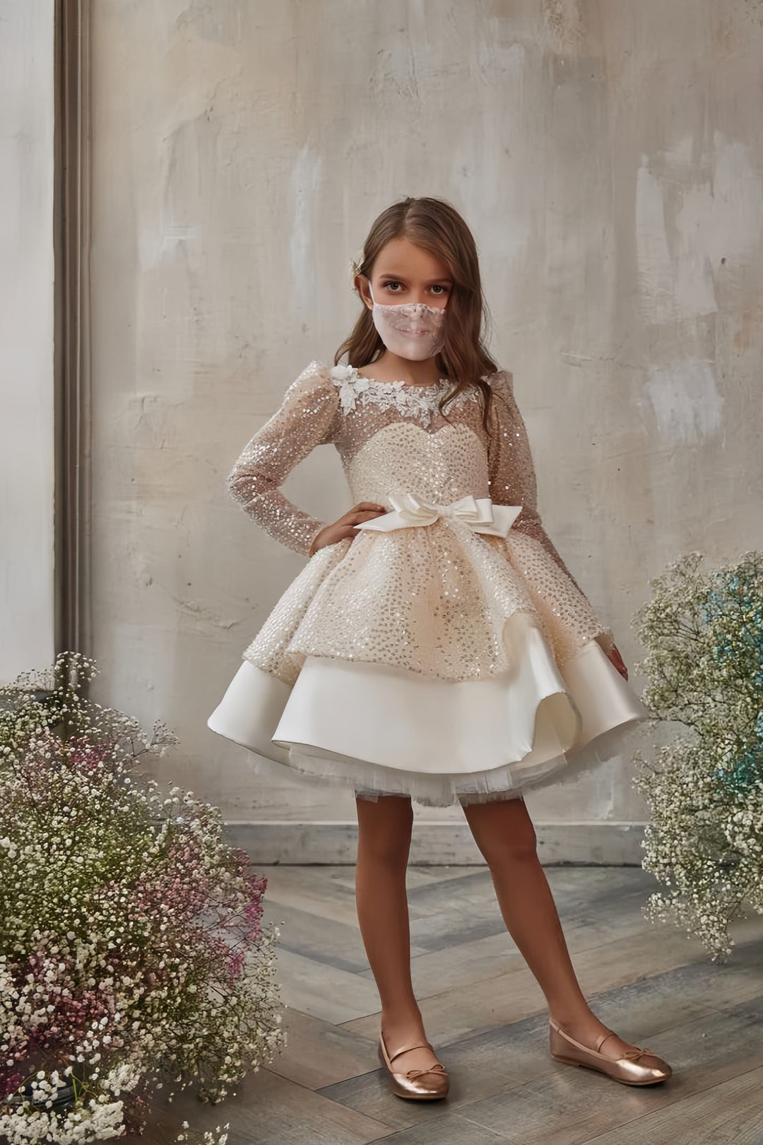 3m / Picture Color Sunnypetal Gorgeous Long-Sleeve Sequin Satin Flower Girl Dress Knee-Length Gown