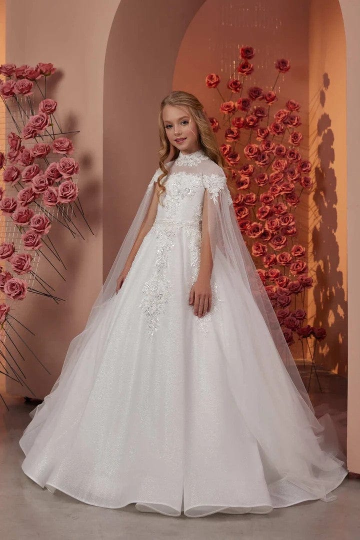 3m / Picture Color Sunnypetal Lace Appliques Sequins Long Glitter Tulle Flower Girl Dresses with Cloak Sleeves