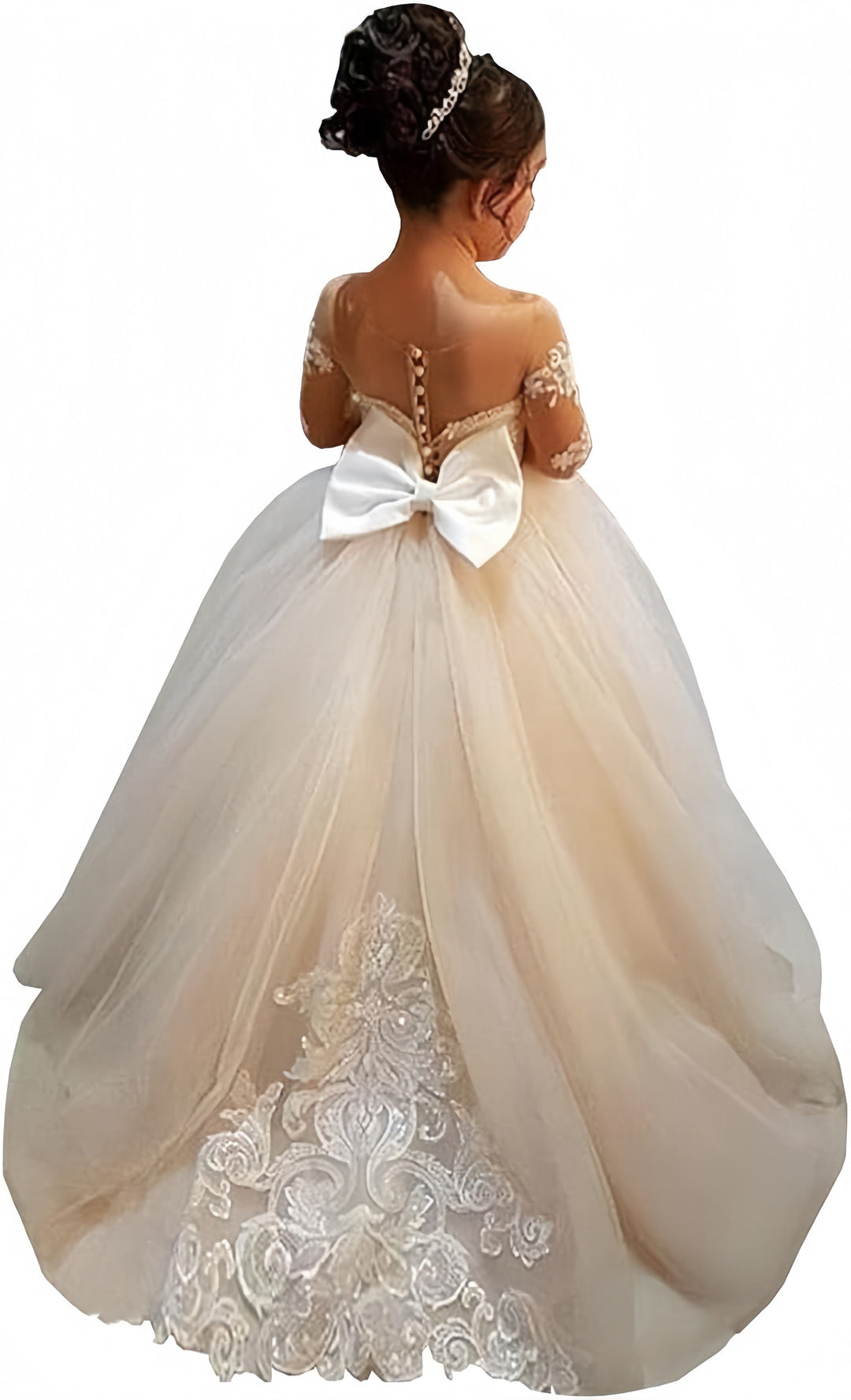 3m / Picture Color Sunnypetal Lace Long Sleeves Flower Girl Dresses for Wedding Princess Pageant Gown