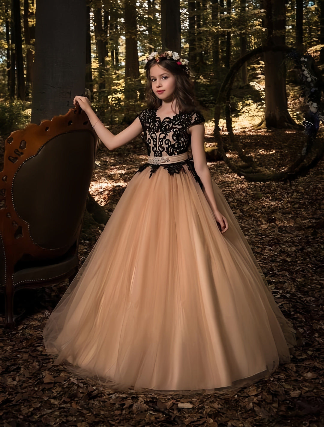 3m / Picture Color Sunnypetal Long Princess Tulle Ball-Gown Flower Girl Dress with Black Lace