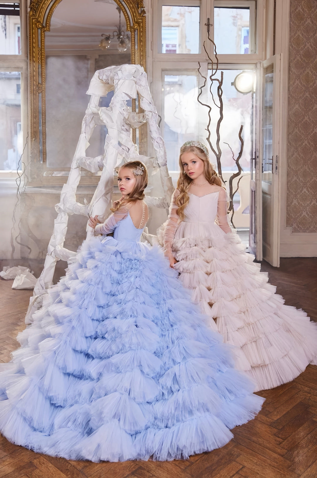 3m / Picture Color Sunnypetal Long Sleeves Dreamy Tulle Cascade Gown Flower Girl Dresses for Birthday Photoshoot Pageant
