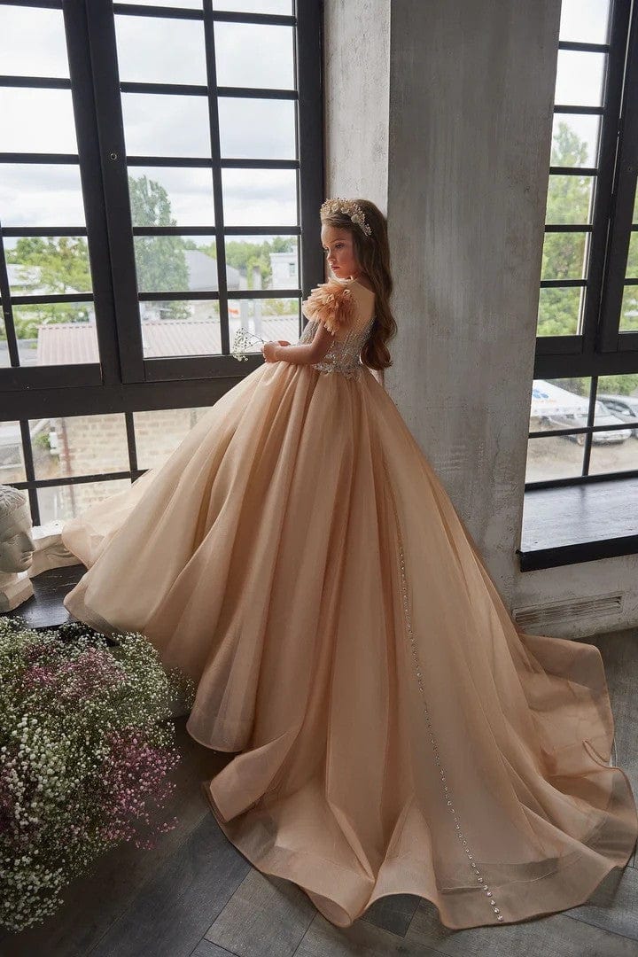 3m / Picture Color Sunnypetal Luxurious Beads Sequins Ball-Gown Flower Girl Dress with Puff Sleeves