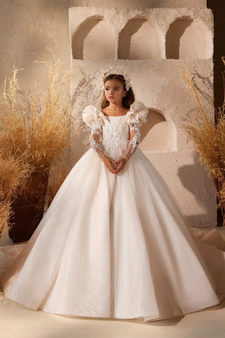 3m / Picture Color Sunnypetal Ruffled Shoulders Long Sleeves Lace Appliques Glitter Tulle Flower Girl Dresses