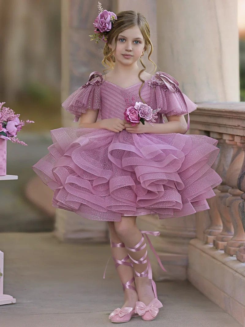 3m / Picture color Sunnypetal Ruffles Tiered Tulle Knee-Length Ball-Gown Birthday Pageant Flower Girl Dress