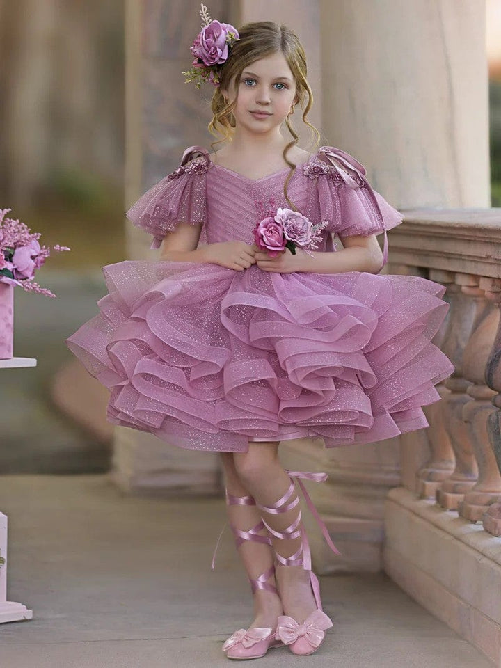 3m / Picture color Sunnypetal Ruffles Tiered Tulle Knee-Length Ball-Gown Birthday Pageant Flower Girl Dress