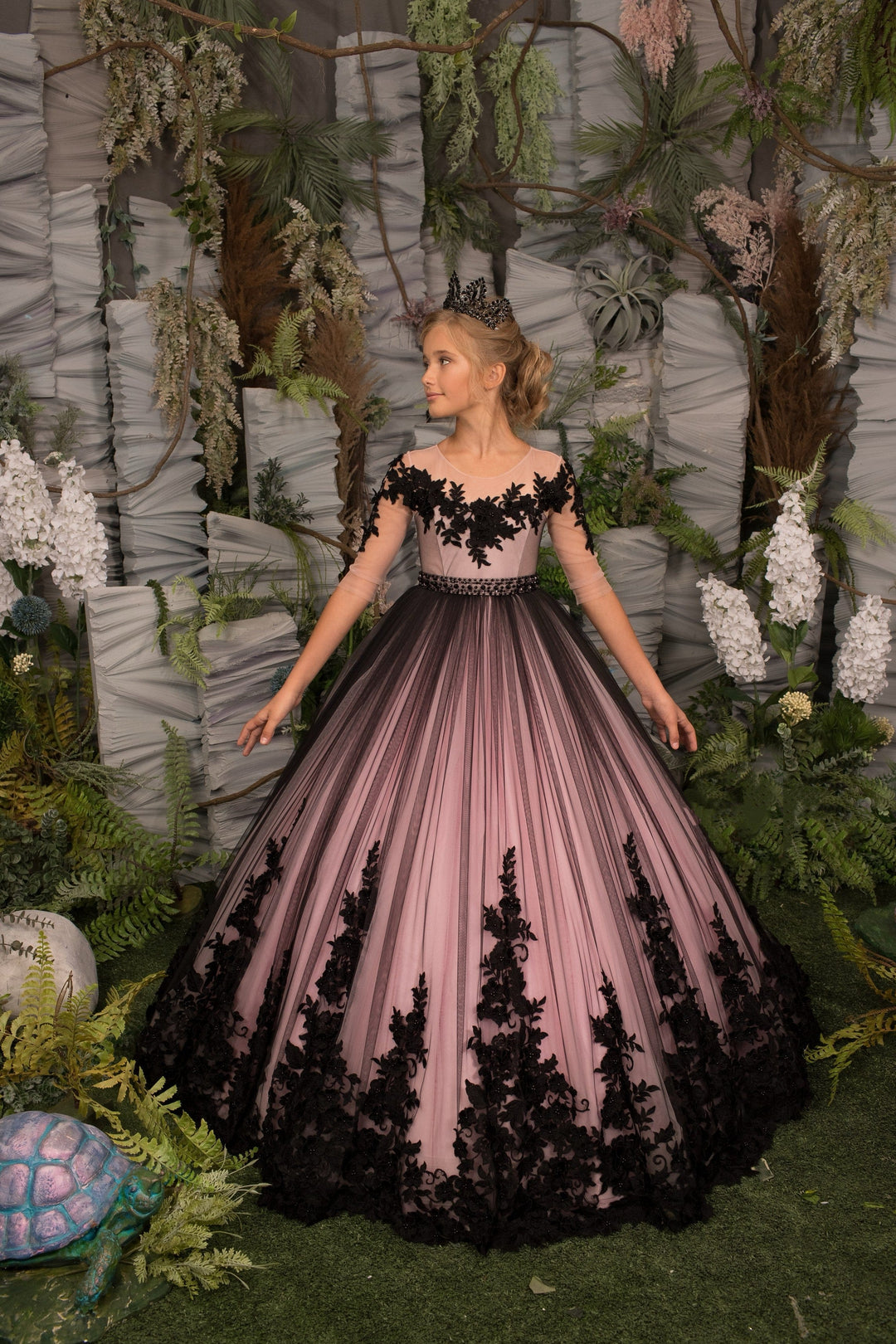 3m / Picture Color Sunnypetal Stunning Pink-to-Black Gradient Design Floral Lace Appliques Flower Girl Dresses