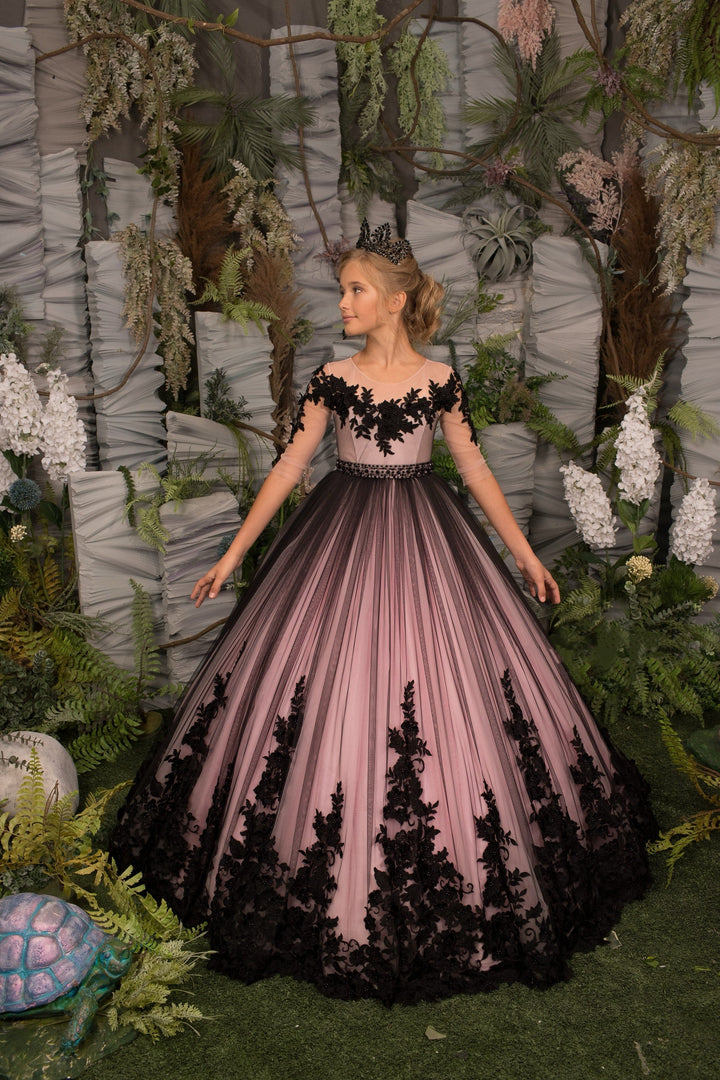 3m / Picture Color Sunnypetal Stunning Pink-to-Black Gradient Design Floral Lace Appliques Flower Girl Dresses