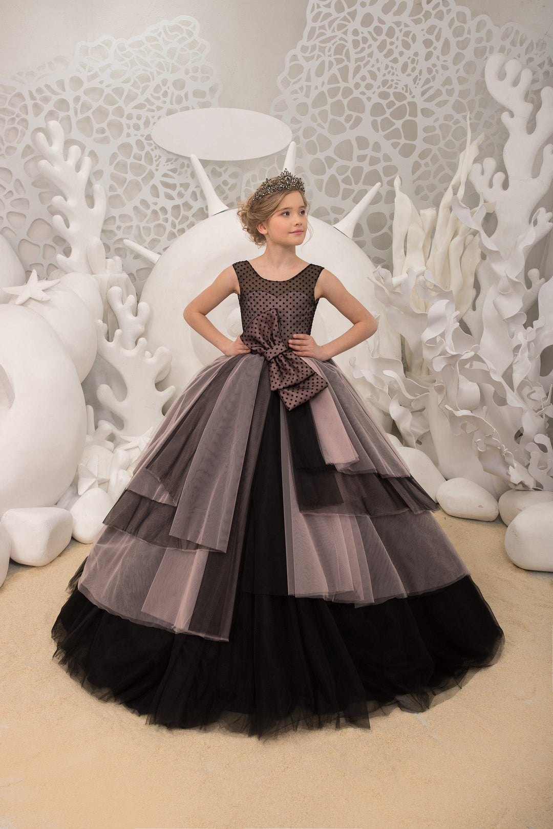 3m / Picture Color Sunnypetal Sweet Sleeveless Black Polka Dot Bow Tulle Bodice Ball-Gown Flower Girl Dresses