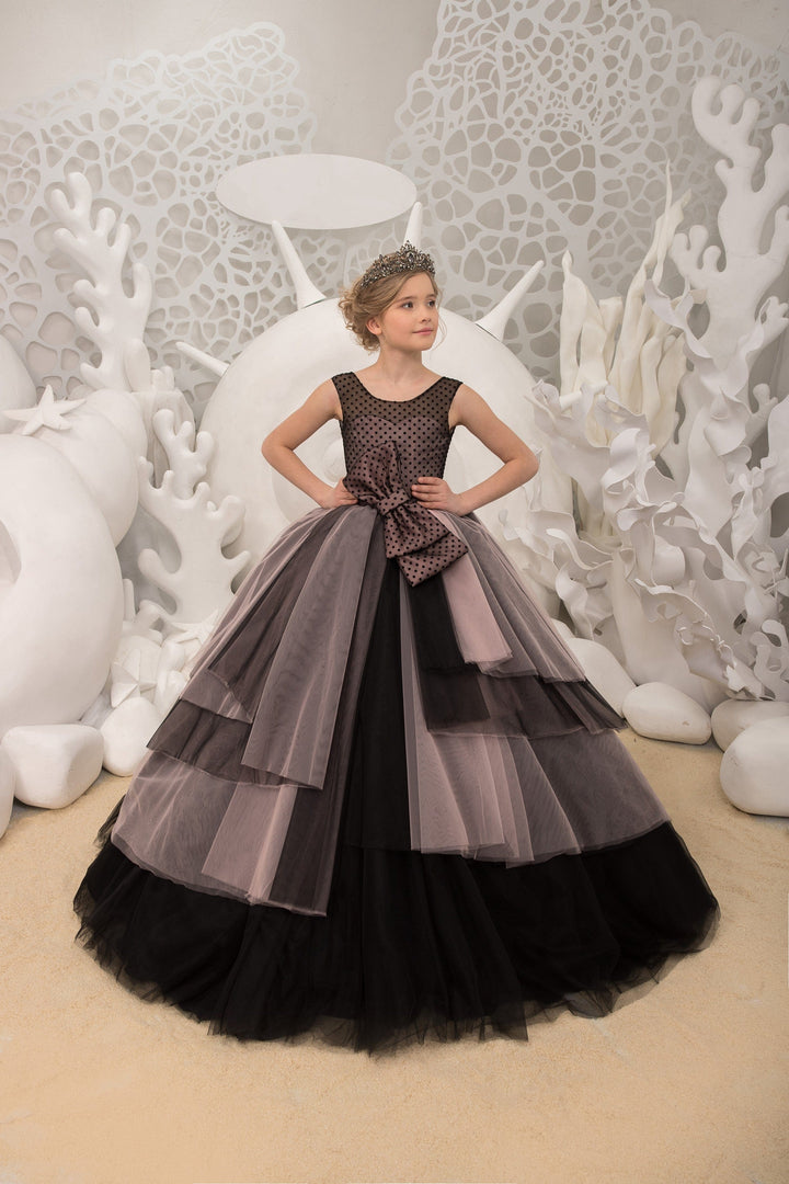 3m / Picture Color Sunnypetal Sweet Sleeveless Black Polka Dot Bow Tulle Bodice Ball-Gown Flower Girl Dresses