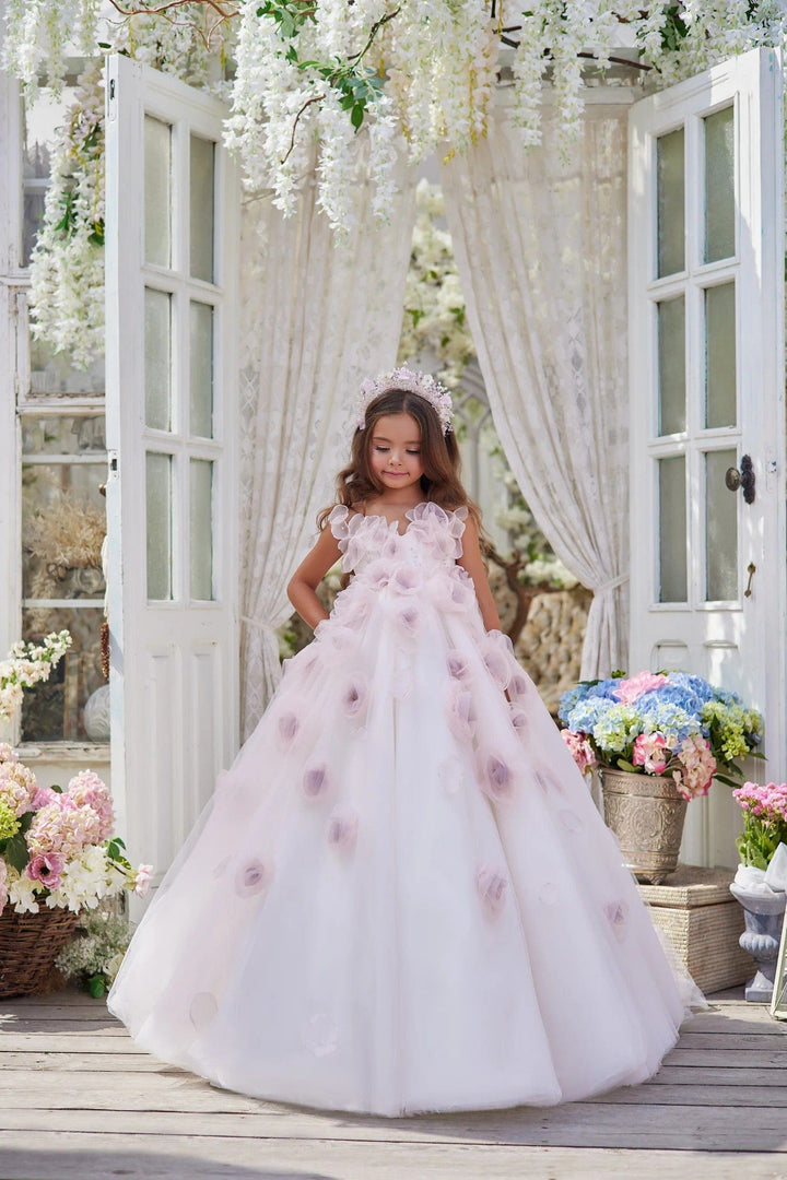 3m / Picture Color Sunnypetal Whimsical Dream Princess Tulle Flower Girl Wedding Gown with 3D Flowers