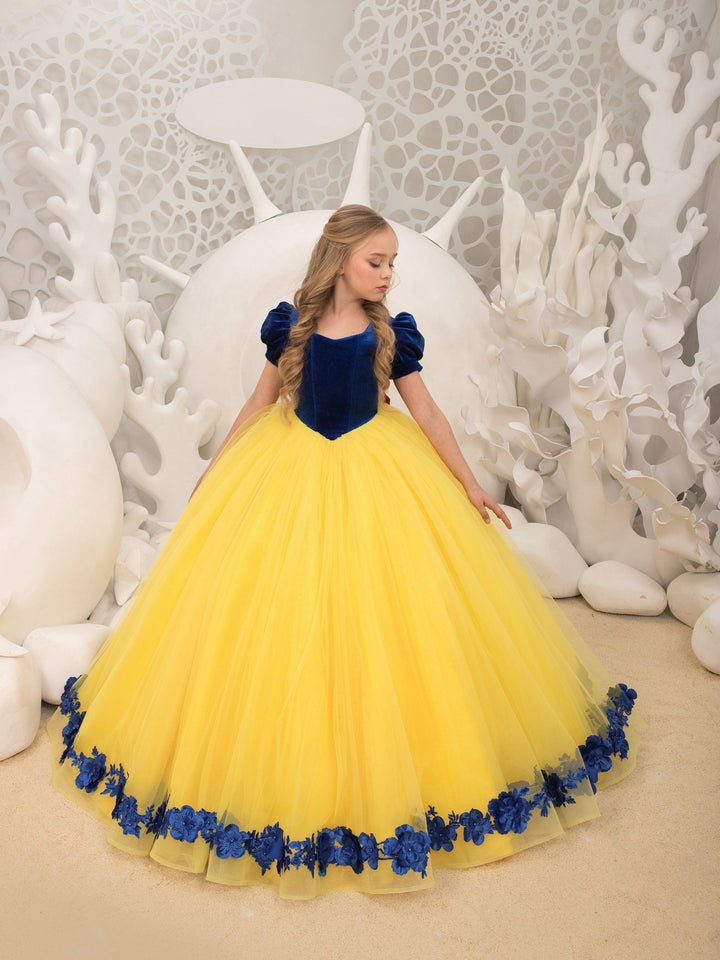 3m / Picture Color Sunnypetal Yellow Tulle Dress Dark Blue Puff Sleeves Velvet Bodice Flower Girl Dresses