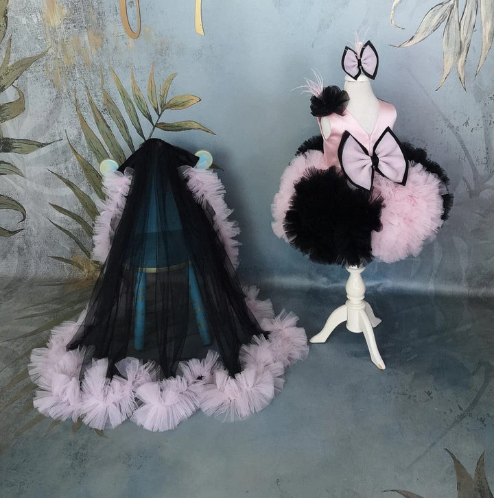 3m / Pink Black Sunnypetal Pink Black V-Neck Satin Knee-Length Tulle Flower Girl Dresses