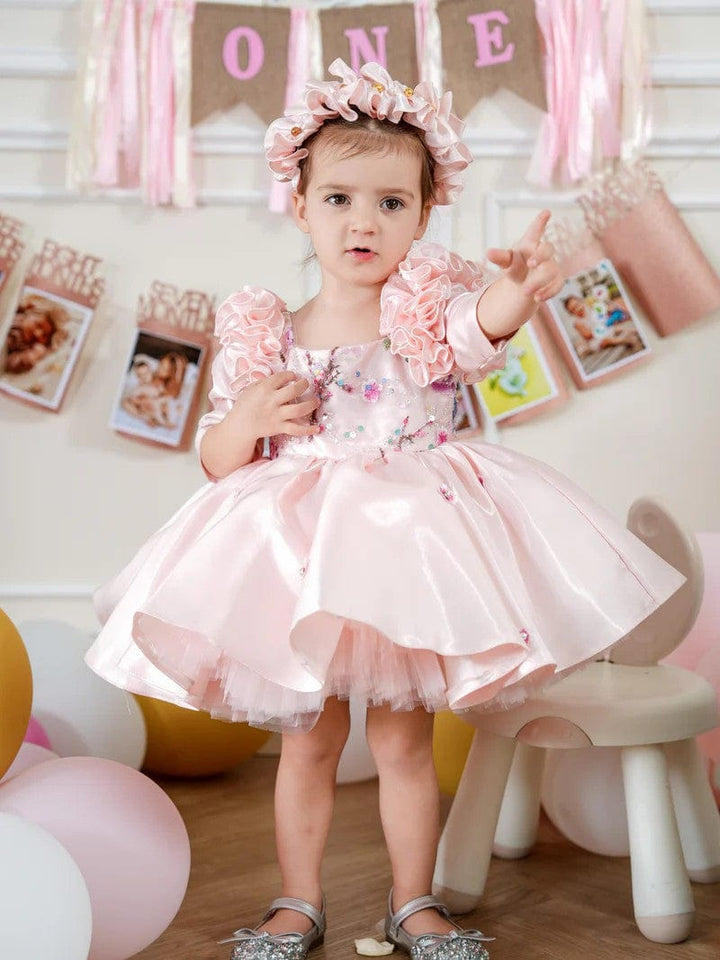 3m / Pink(Half Sleeves) Sunnypetal Exquisite Pink Square Neck Satin Floral Embroidery Flower Girl Dresses