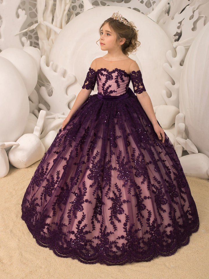 3m / Pink Purple Sunnypetal Ball-Gown Off-The-Shoulder Flower Girl Dresses Half Sleeves Floral Appliques Sequins Tulle Dress