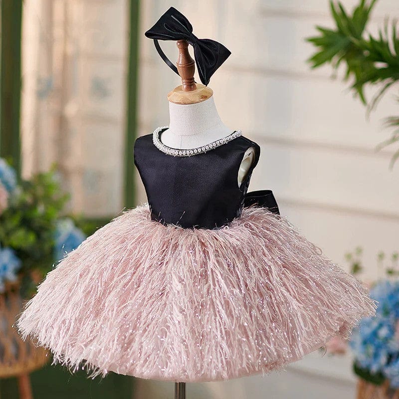 3m / Pink Sunnypetal Balck Sleeveless Satin Feathers Tulle Knee-Length Sleeveless Baby Birthday Dress