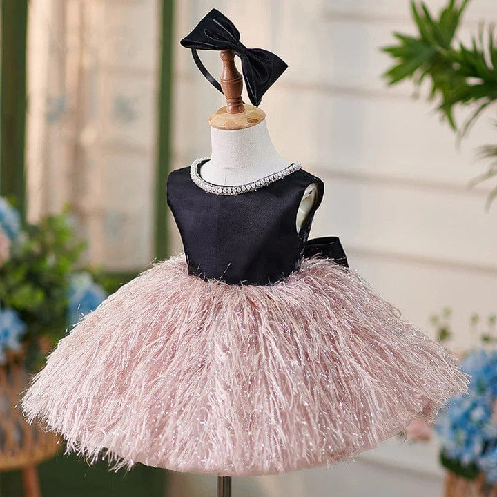 3m / Pink Sunnypetal Balck Sleeveless Satin Feathers Tulle Knee-Length Sleeveless Baby Birthday Dress