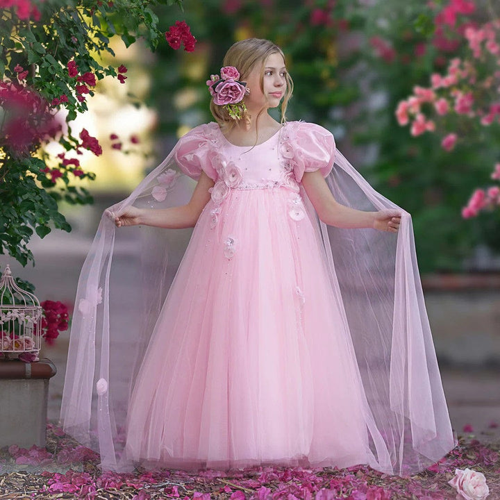 3m / Pink Sunnypetal Charming Pink Puff Sleeves Floor-Length Flower Girl Dresses with Tulle Cape 3D Flowers