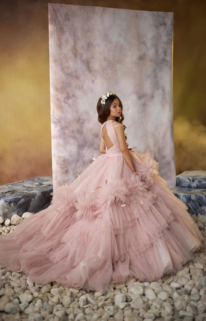 3m / Pink Sunnypetal Dreamy Flower Girl Dresses Layered Feather Tulle Princess Birthday Pageant Gown