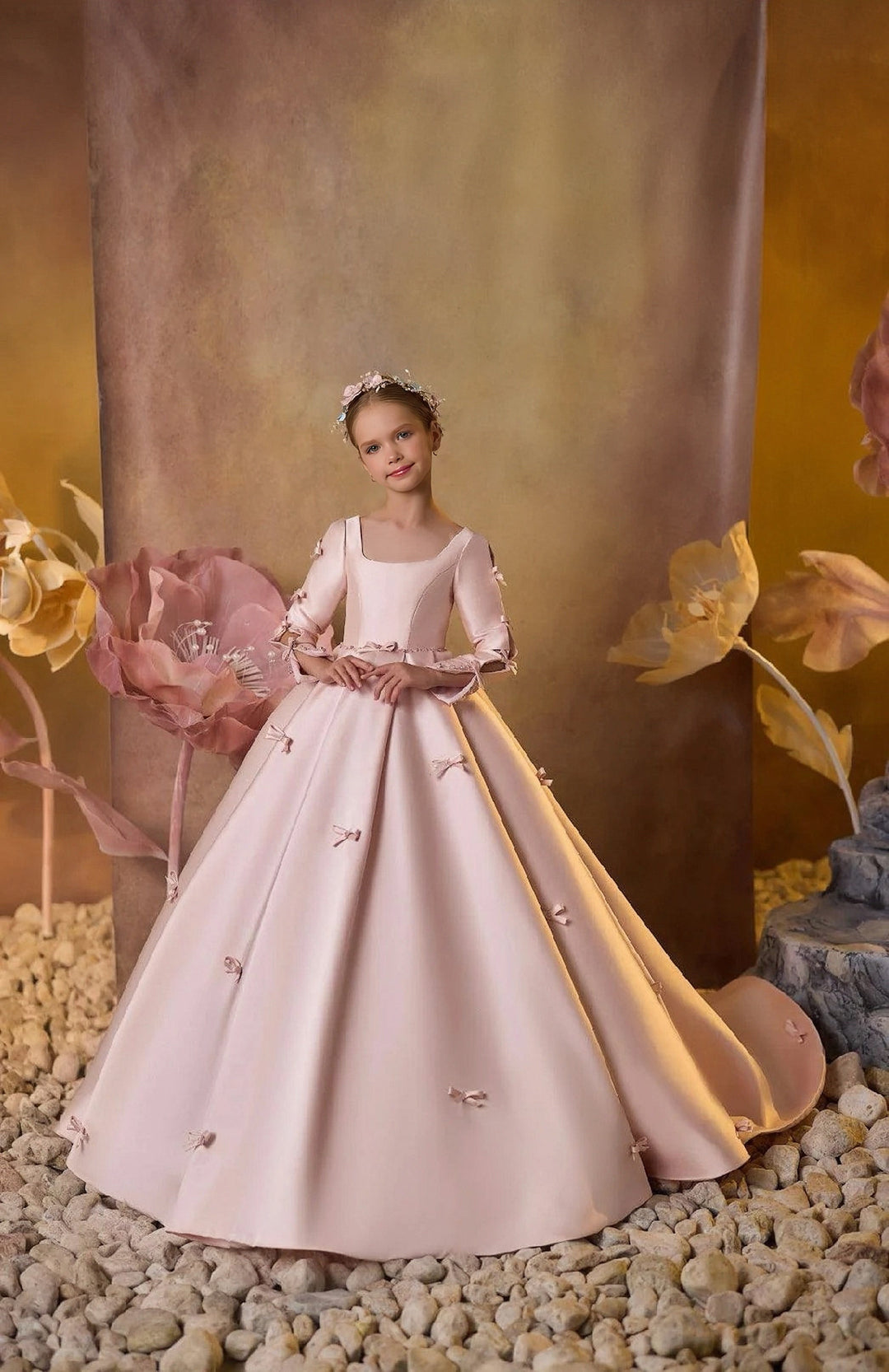 3m / Pink Sunnypetal Dreamy Pink and Charming Ivory Flower Girl Gown with Bows/Beading