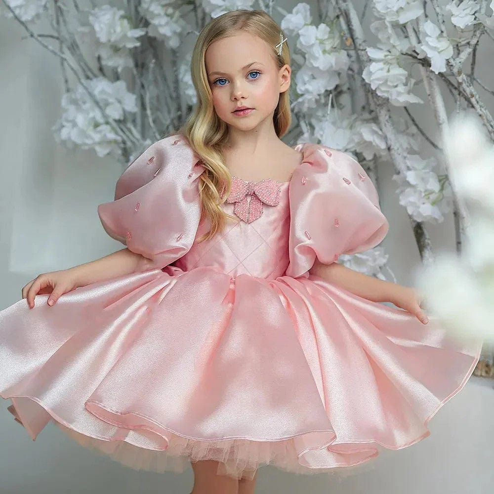 3m / Pink Sunnypetal Dreamy Pink Puffy Sleeve Satin Knee-Length Flower Girl Dresses with Bow