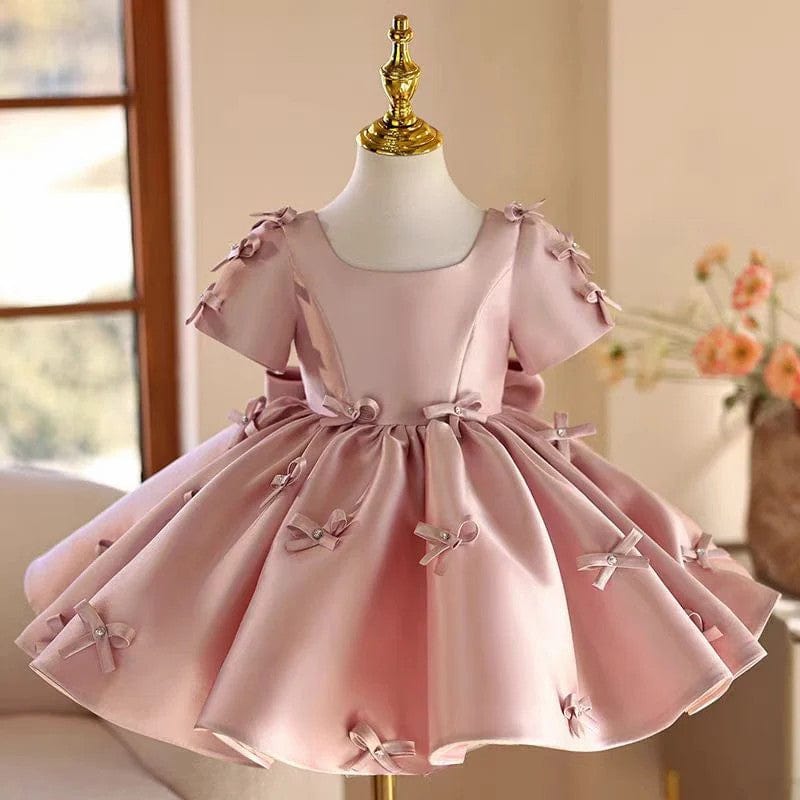 3m / Pink Sunnypetal Dreamy Pink Satin Bows Flower Girl Dress Birthday Party Knee-Length Ball Gown