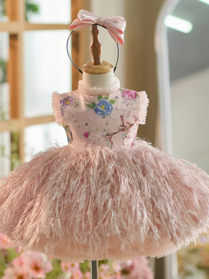 3m / Pink Sunnypetal Elegant Pink Feathers Flower Girl Dresses for Princess Wedding Birthday