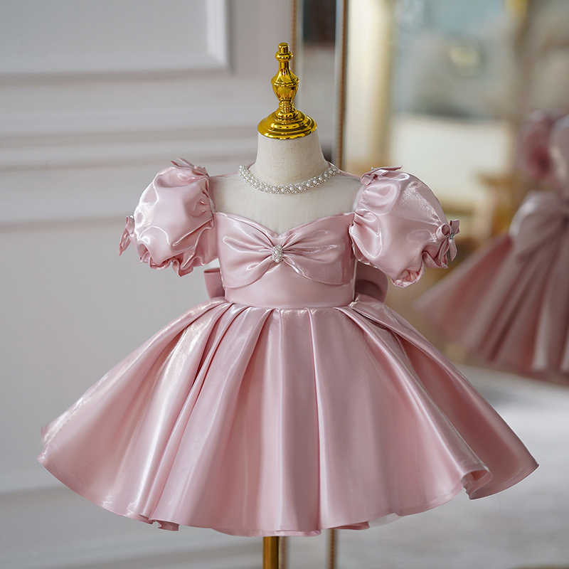3m / Pink Sunnypetal Elegant Pink Puff Sleeves Satin Flower Girl Dresses