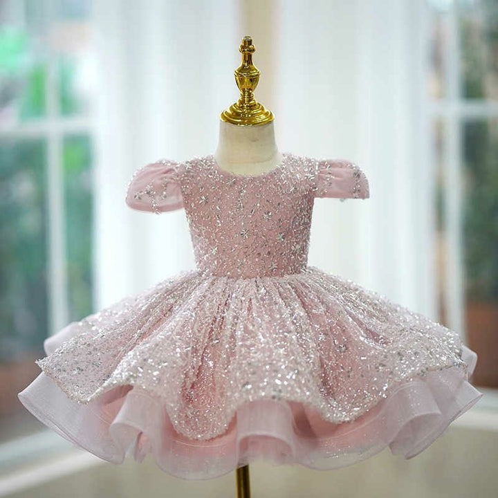 3m / Pink Sunnypetal Elegant Pink Sequin Formal Dress Birthday Party Princess Flower Girl Gown