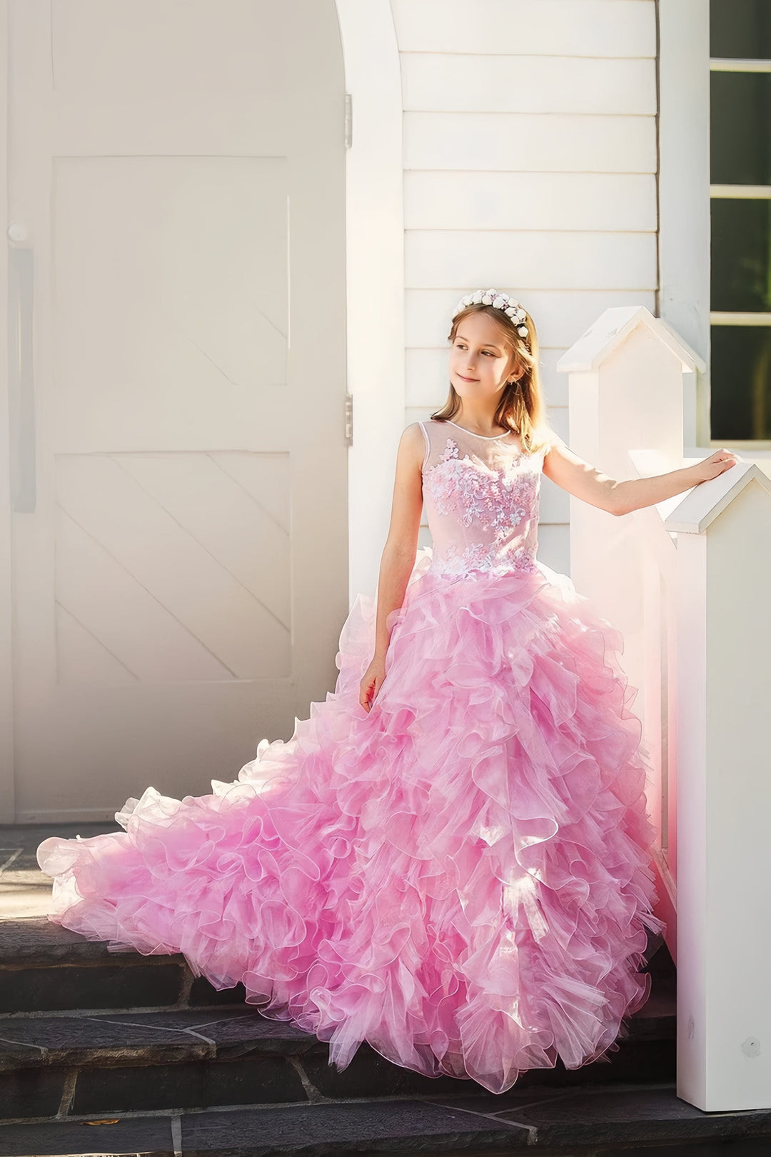 3m / Pink Sunnypetal Elegant Sleeveless Floral Lace Bodice Ruffled Tulle Ball Gown for Girls