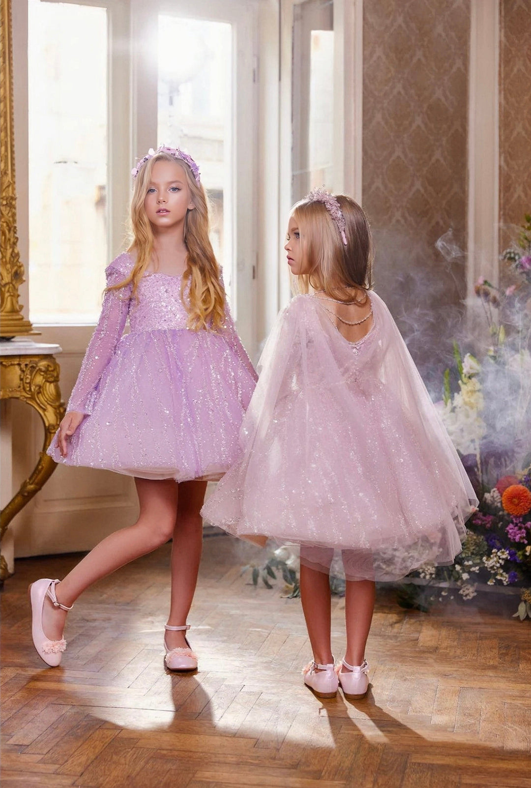 3m / Pink Sunnypetal Enchanted Elegance Shiny Tulle Knee-Length Flower Girl Dresses with Sparkling Cape