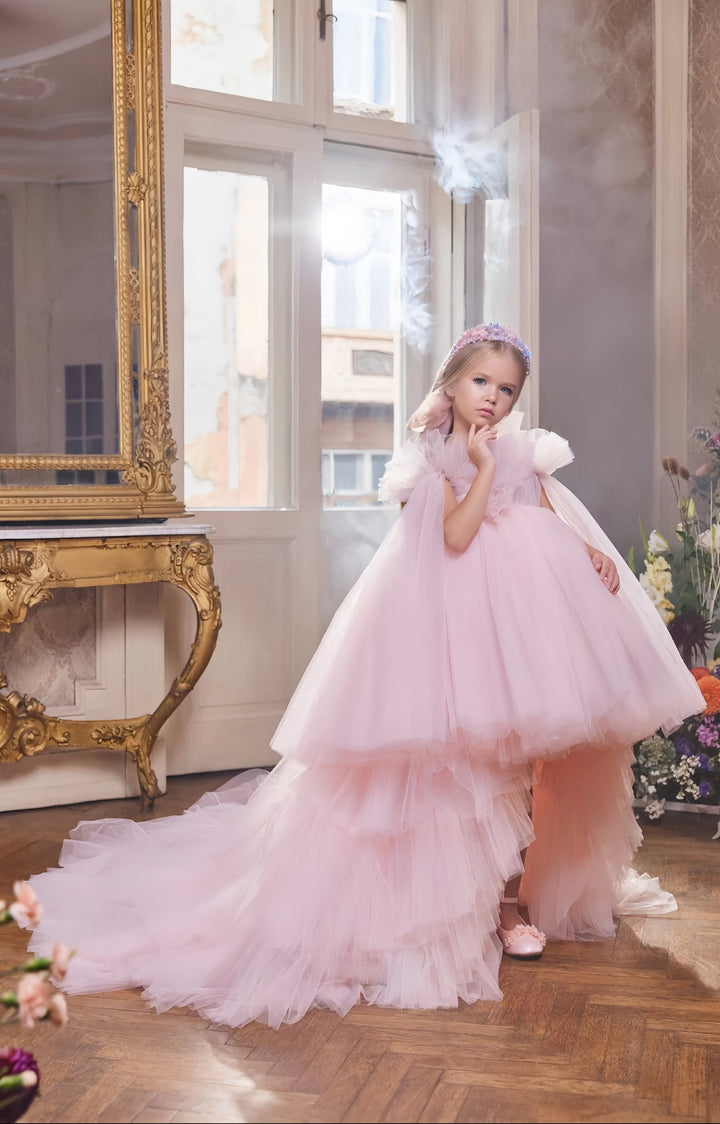 3m / Pink Sunnypetal Enchanted Tulle Princess Gown with Detachable Train