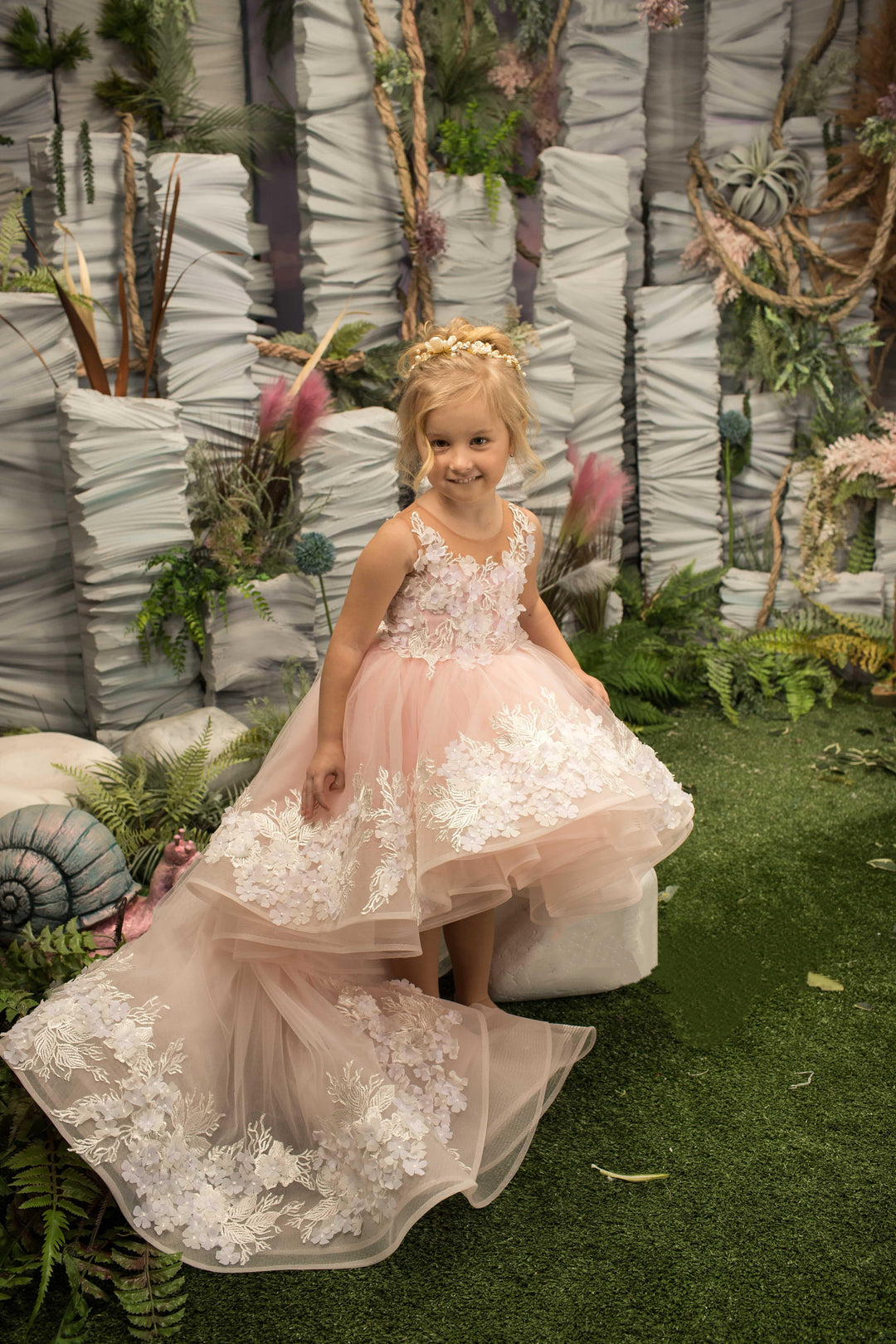 3m / Pink Sunnypetal Ethereal Blossom Princess High-Low Flower Girl Dress with 3D Floral Appliques