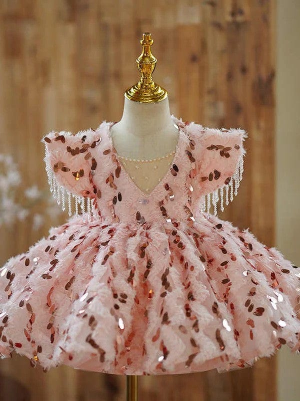 3m / Pink Sunnypetal Exquisite Pink Beaded Tassels Sequin Feather Knee-Length Flower Girl Dresses