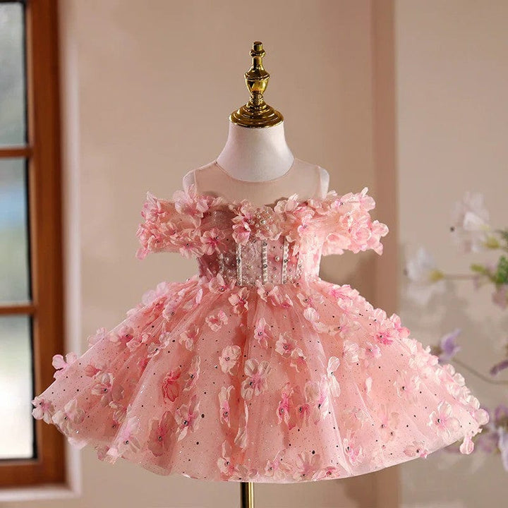 3m / Pink Sunnypetal Exquisite Pink Off-Shoulder 3D Flowers Ball Gown Flower Girl Dresses