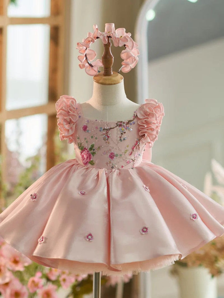 3m / Pink Sunnypetal Exquisite Pink Square Neck Satin Floral Embroidery Flower Girl Dresses