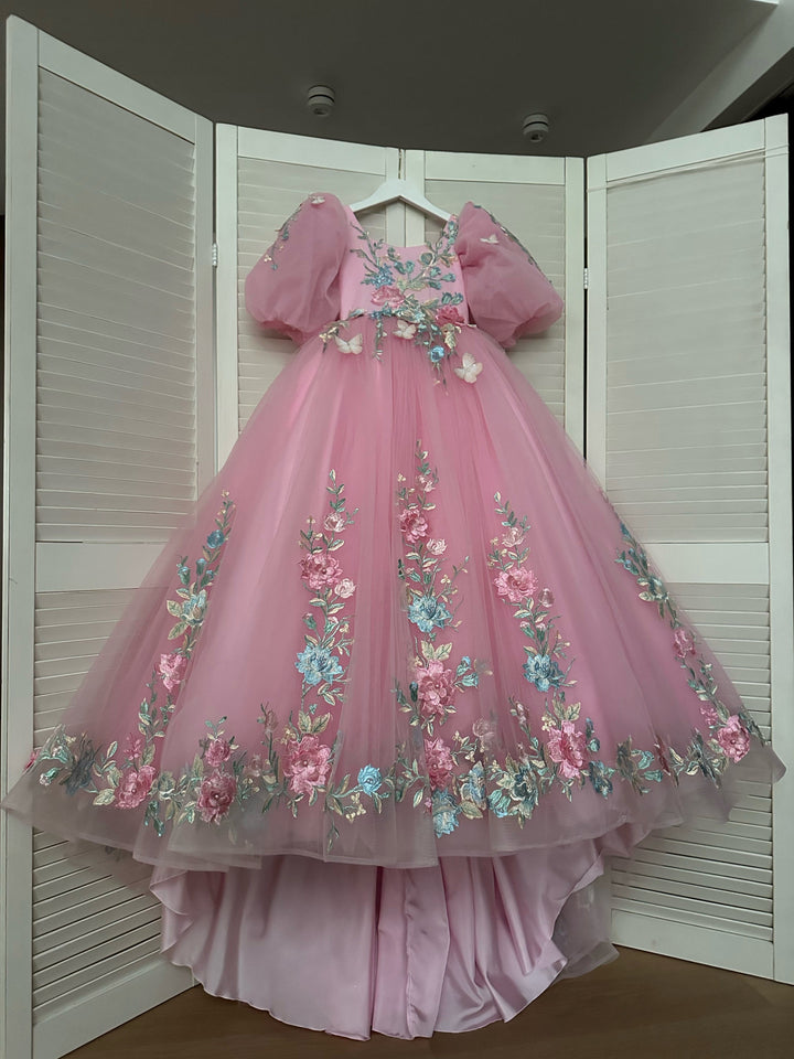 3m / Pink Sunnypetal Exquisite Puffy Sleeves Princess 3D Butterfly Flower Appliques Long Tulle Pageant Dress