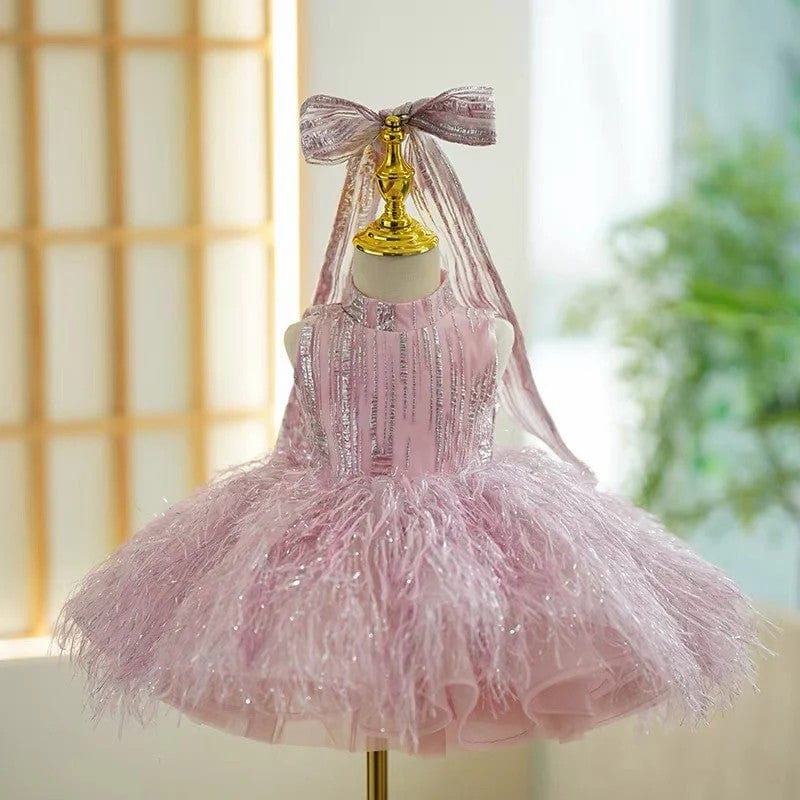 3m / Pink Sunnypetal Exquisite Sleeveless Tassel Sequins Pageant Birthday Princess Flower Girl Dresses