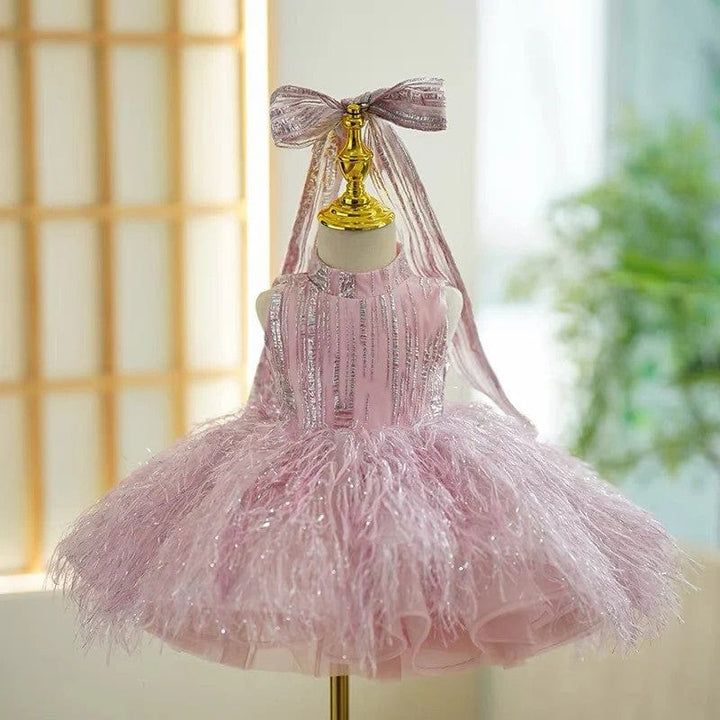 3m / Pink Sunnypetal Exquisite Sleeveless Tassel Sequins Pageant Birthday Princess Flower Girl Dresses