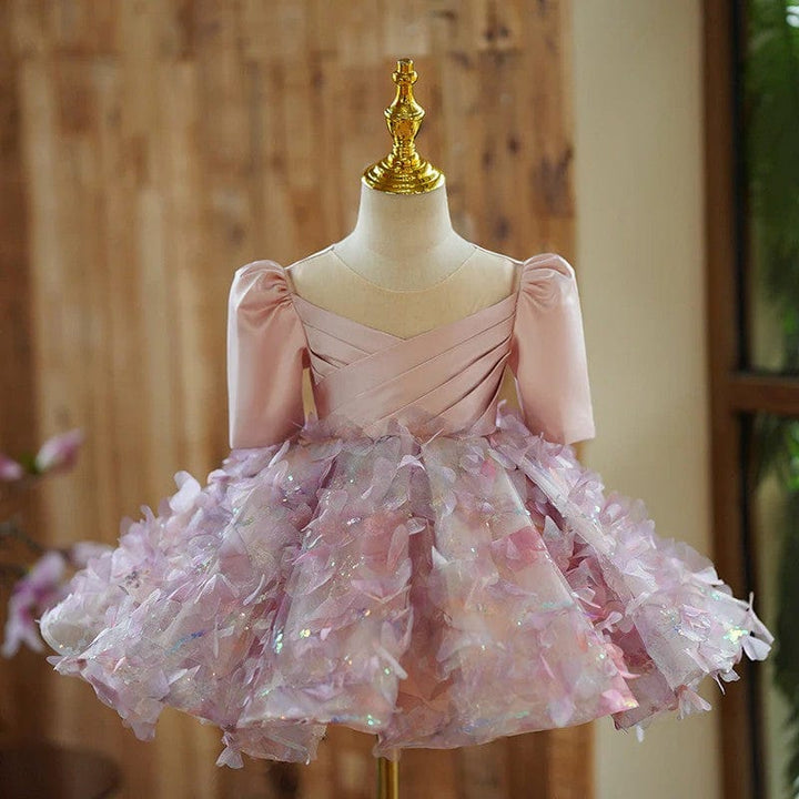 3m / Pink Sunnypetal Fairy-Inspired Pink Flower Girl Dress with Petal Skirt and Pleated Bodice