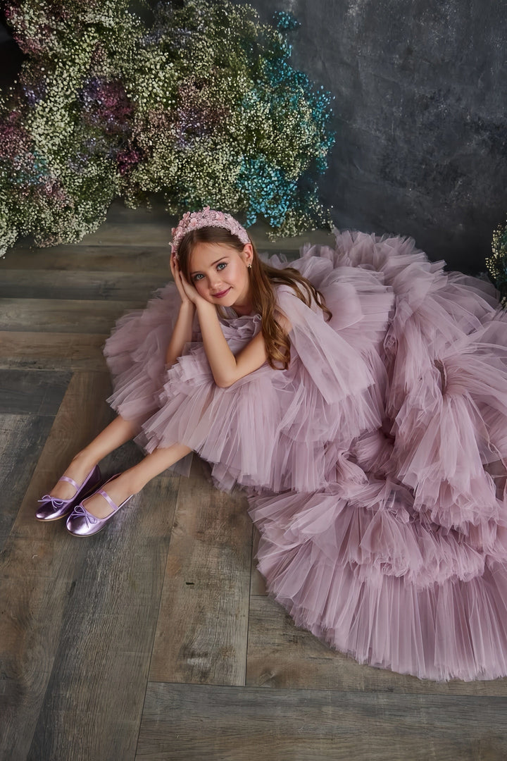 3m / Pink Sunnypetal Fairytale Asymmetrical Ruffle Ball Gown Tulle Flower Girl Dresses with Cape Sleeves