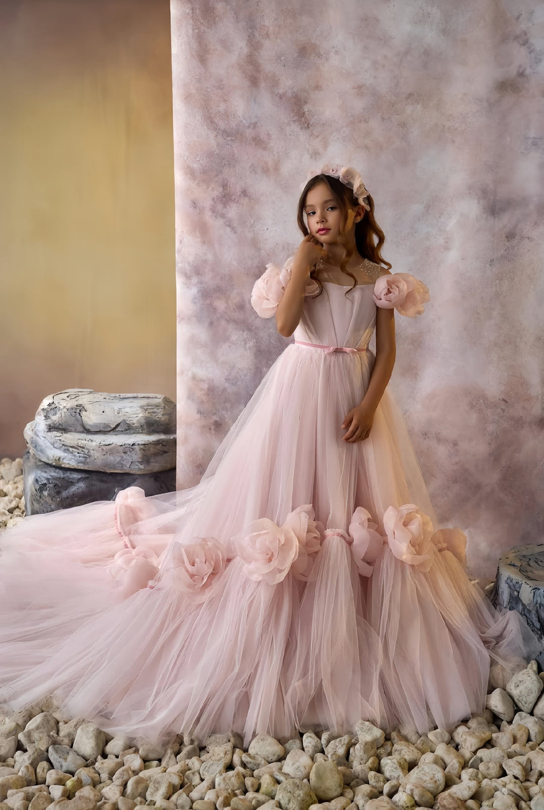 3m / Pink Sunnypetal Fairytale Pink Tulle Dresses Rose Petal Princess Gown with Cathedral Train