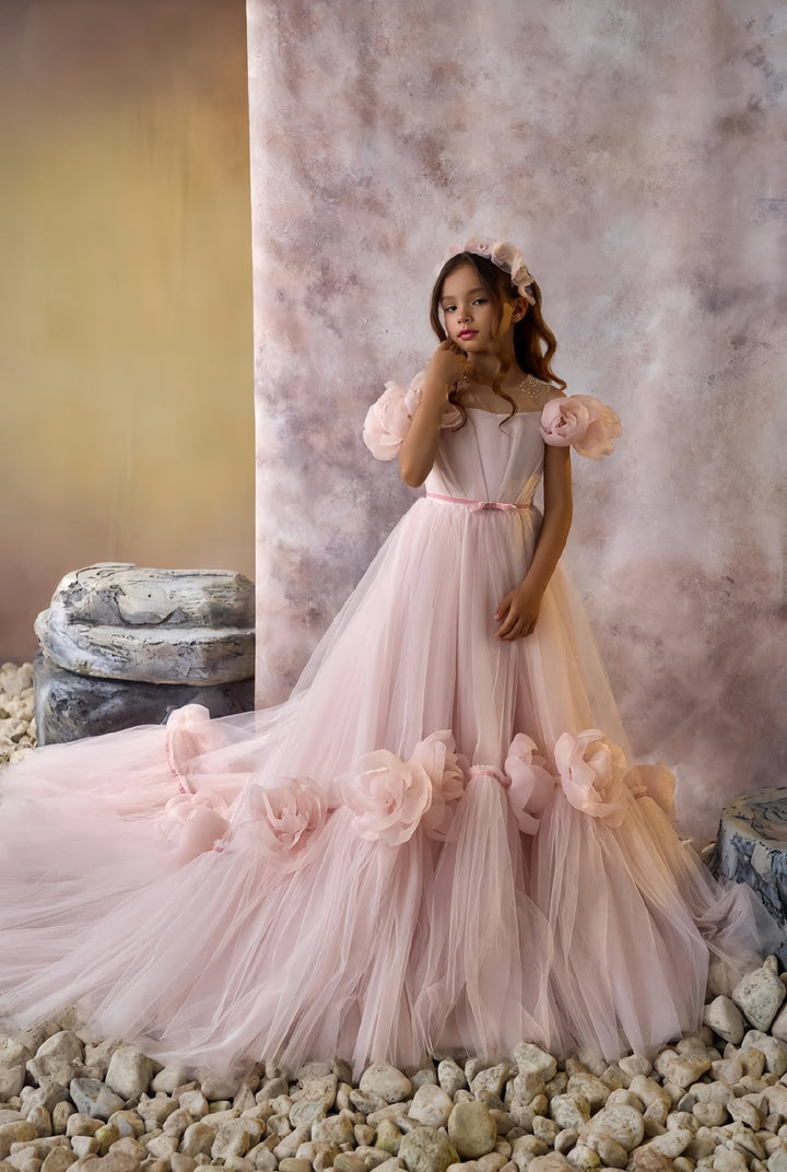 3m / Pink Sunnypetal Fairytale Pink Tulle Dresses Rose Petal Princess Gown with Cathedral Train